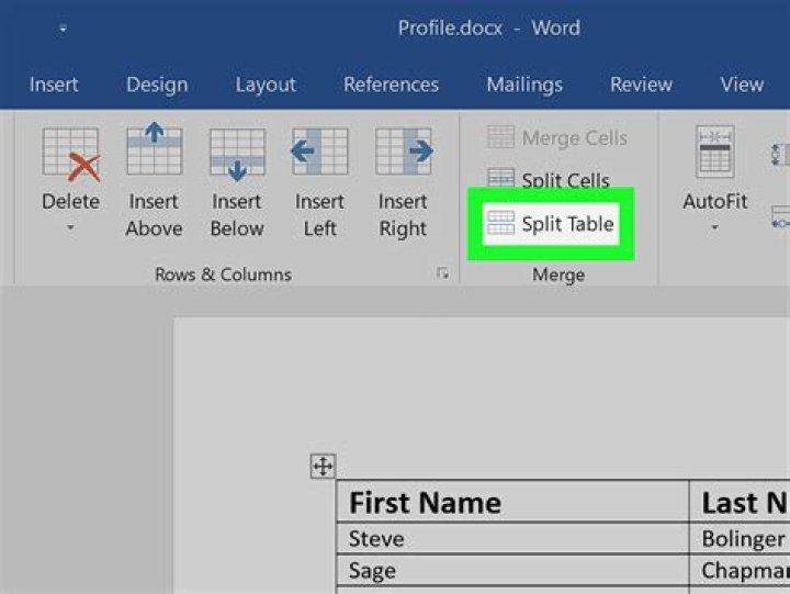 What is the command to break a table in Word?